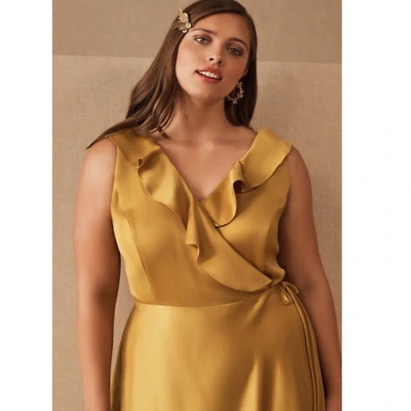 tansy satin maxi dress Anthropologie BHLDN Dress Women 4 ruffled neckline Tansy Satin A Line Maxi